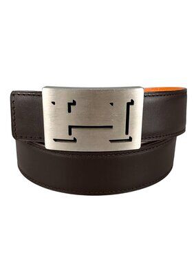 Hermes Belt Lucky Metal Leather Orange Dark Brown Silver